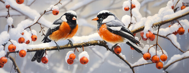 Two cute birds posing on tree branches under the snow