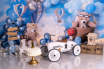 birthday background with teddy bears and white racing car