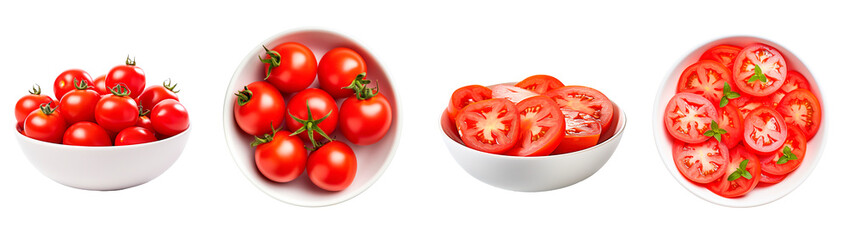 Tomatoes in different forms, with tomatoes in bowl, top view, sliced tomatoes on isolated transparent background