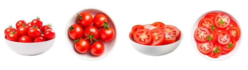 Fotobehang Tomatoes in different forms, with tomatoes in bowl, top view, sliced tomatoes on isolated transparent background © Pajaros Volando