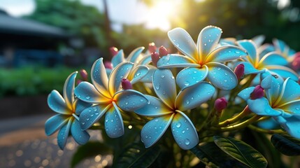 Colorful Frangipani or Plumeria flowers. Springtime Concept. Valentine's Day Concept with a Copy...