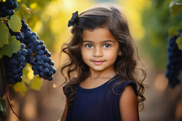 Cute little girl outdoors portrait posing among vines in vineyard and looking at camera