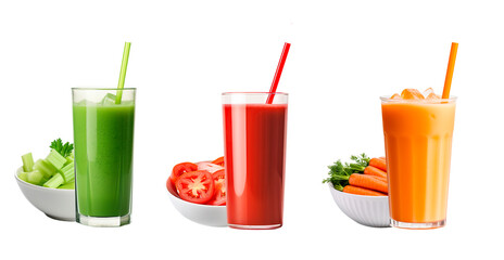 Celery, tomato and carrot detox juices over isolated transparent background