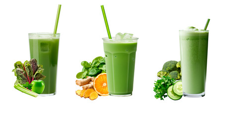 Green healthy fruit and vegetable smoothies on isolated transparent background