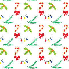 Christmas pattern with lollipops, Christmas tree branch, lanterns, bow. Gift wrapping, Christmas background