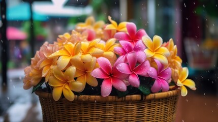 Colorful Frangipani or Plumeria flowers. Springtime Concept. Valentine's Day Concept with a Copy Space. Mother's Day.