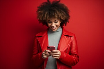 Fototapeta na wymiar Portrait of a smiling young African American woman wearing casual clothes, on a red background. People lifestyle concept. Copy space mockup. Using a mobile phone by typing an SMS message