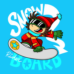 Illustration of a snowboarder surfing on a handmade lettering with the word Snow board rider, print design