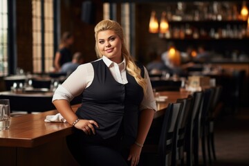 Fototapeta premium A fat woman manager of a cafe or restaurant , a woman of large size