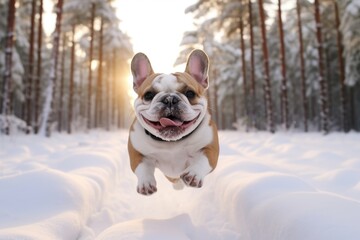 Dog French Bulldog runs through the snow in the forest in winter