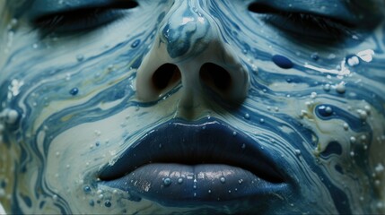 Naklejka premium A woman's face with closed eyes under a layer of blue face masks