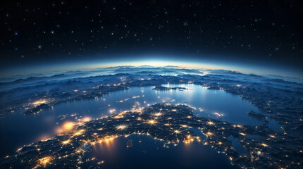 Planet Earth globe view from space, night city lights, hd