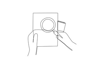 SImple continuous drawing of student check his research detail. Simple line, minimalist concept of research, simple line, black and white background.