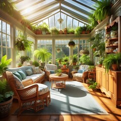 A sunroom with lots of natural light, comfortable seating, and a lush plantscape