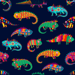 Fototapeta na wymiar Cartoon Mexican iguana lizards characters, vector seamless pattern background. Colorful exotic pattern of iguana lizard animals with Mexican folk ethnic ornament, reptiles in Latin alebrije pattern