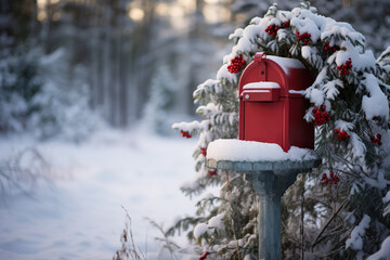 Red Post Box in Snow at Christmas. Mail Santa