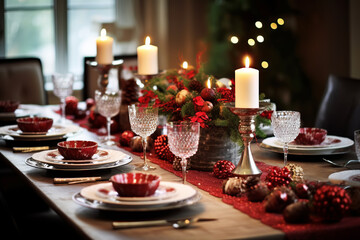 Fototapeta na wymiar Christmas table setting with candles and white festive tableware and red decor for Christmas celebration