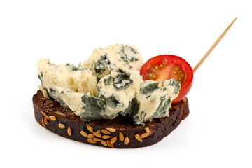 Gorgonzola, classic Italian cheese with natural mold, isolated on white background.