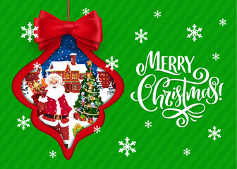 Cartoon Santa and holiday tree bauble. Double exposition christmas paper cut banner. Vector 3d effect greeting card with funny Saint Nicholas with bag at night snowy city landscape inside of toy shape
