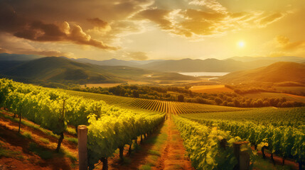 Obraz premium Charming Vineyard Landscape Under a Golden Sunset, Enhanced with Warm and Earthy Tones to Evoke a Romantic and Idyllic Ambiance