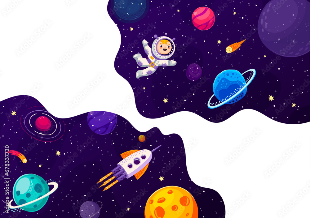 Poster space banner, cartoon astronaut and starship in galaxy space planets, vector background. kid spacema