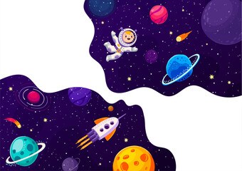 Space banner, cartoon astronaut and starship in galaxy space planets, vector background. Kid spaceman and spaceship in outer space, galaxy world with rockets in galactic starry sky and alien planets