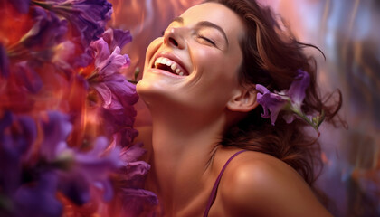donna sorridente con sfondo astratto di fiori viola, rosa e arancione - obrazy, fototapety, plakaty