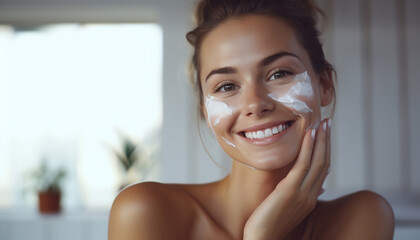 Giovane ragazza sorridente che ha applica la crema sul viso durante skincare - obrazy, fototapety, plakaty