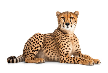 resting cheetah sitting down, isolated background