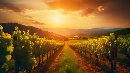 Naklejka premium Charming Vineyard Landscape Under a Golden Sunset, Enhanced with Warm and Earthy Tones to Evoke a Romantic and Idyllic Ambiance