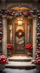 Beautiful decorated front door of a house decorated for Christmas and New Year.