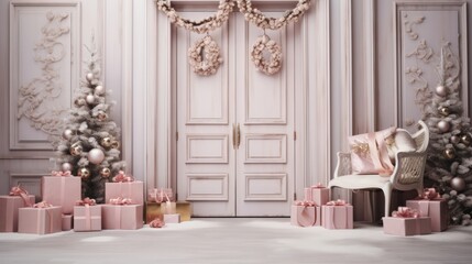 Pink room with Christmas trees, snowflakes, gifts. Christmas cozy stylish room with closed door, without people. Stylish postcard - obrazy, fototapety, plakaty