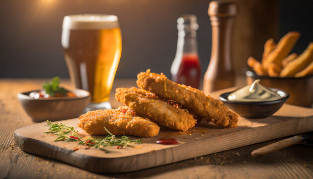 Breaded chicken crispy strips with beer, ketchup and mayonnaise on wooden board
