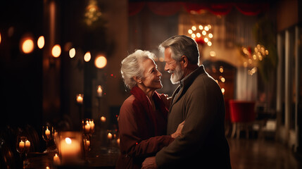 Obraz premium beautiful elderly couple hugging and smiling on the date.cinematic light. Valentine's Day. copy space
