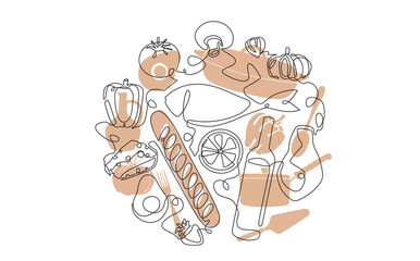 Vector illustration with food and utensils. Cooking.