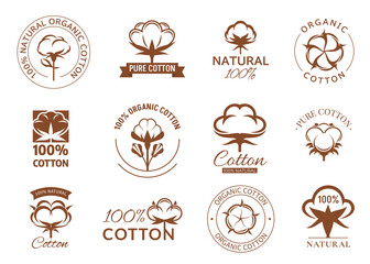 Cotton flower icons. Vector organic plants and soft fiber balls in boll. Natural cotton isolated symbols for organic fabric and textile labels, bio material tags for clothing manufacture industry - obrazy, fototapety, plakaty