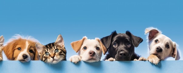 Dogs and Cats, peeking over the clear solid blue top line, petshop banner, happy, smile, funny. Generative AI image weber.