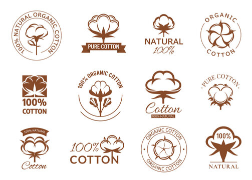 Cotton flower icons. Vector organic plants and soft fiber balls in boll. Natural cotton isolated symbols for organic fabric and textile labels, bio material tags for clothing manufacture industry