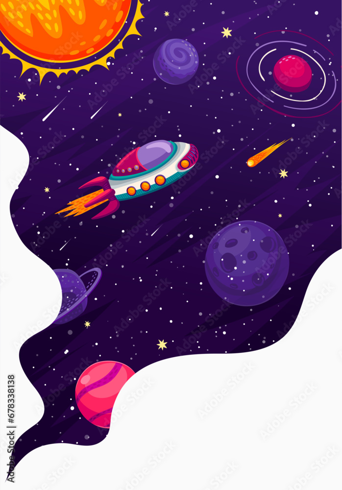 Poster cartoon spaceship in galaxy. starry space landscape. vector futuristic shuttle engine or spacecraft 