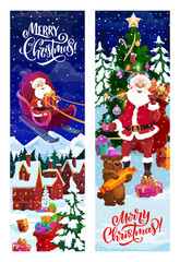 Christmas banners with Santa Claus. Vector Merry Xmas greeting cards with cartoon Father Noel riding deer sleigh and holding presents sack at decorated tree with gifts lying on snow and funny bear