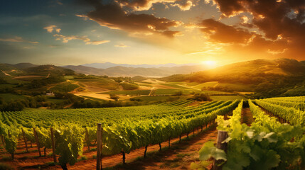 Charming Vineyard Landscape Under a Golden Sunset, Enhanced with Warm and Earthy Tones to Evoke a Romantic and Idyllic Ambiance