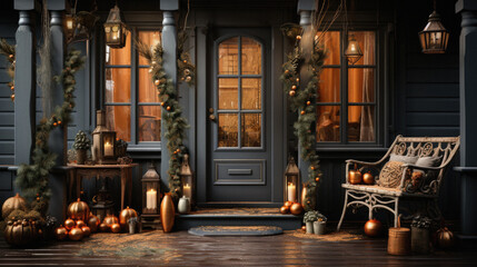 Fototapeta na wymiar Of halloween decorations in front of the door.