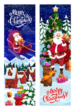 Christmas banners with Santa Claus. Vector Merry Xmas greeting cards with cartoon Father Noel riding deer sleigh and holding presents sack at decorated tree with gifts lying on snow and funny bear