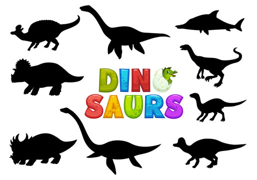 Cartoon dinosaurs cute characters silhouettes. Extinct animal, prehistoric lizard comical vector personage. Plesiosaurus, Centrosaurus, Elasmosaurus and Plateosaurus, Jaxartosaurus, Raptor cute mascot