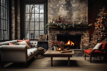 Interior of living room with Christmas tree, fireplace and armchair.