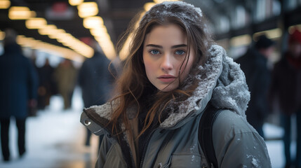 Fototapeta premium Snowfall Serenity: Girl's Gaze at the Winter Station