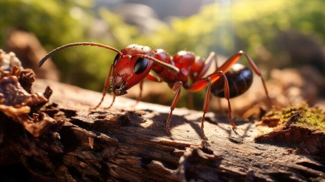 Close-up of a red wood ant on wood, generative ai.