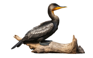Beautiful Black Cormorant Sitting on a Wood on a Clear Surface or PNG Transparent Background.