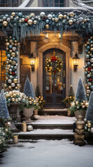 Beautiful decorated entrance to a house with Christmas tree in the foreground.