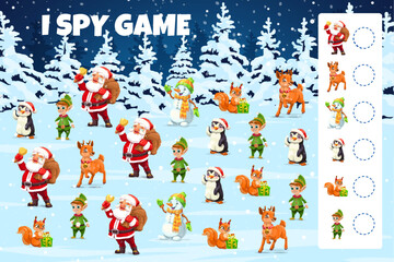 Christmas i spy game with holiday characters. Kids vector riddle with cartoon funny Santa, elf helper, snowman, squirrel and reindeer in night wood. How many personages children test, educational task